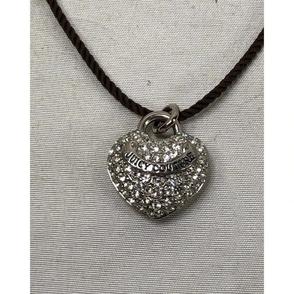 Juicy Couture Pave Crystal Heart Y2K Pendant Brown Cord Necklace 16 Inch
